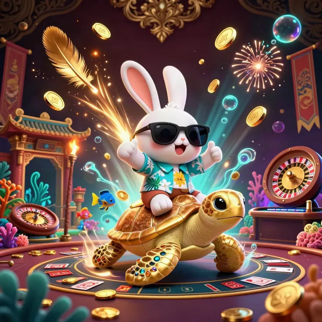 Lucky rabbit rides a golden turtle amid coins, fireworks, and casino treasures.