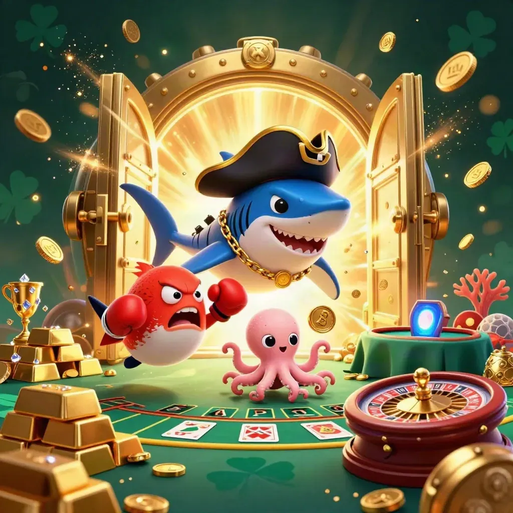 Shark pirate, boxing pufferfish and juggling octopus erupt from a gold vault with casino riches.
