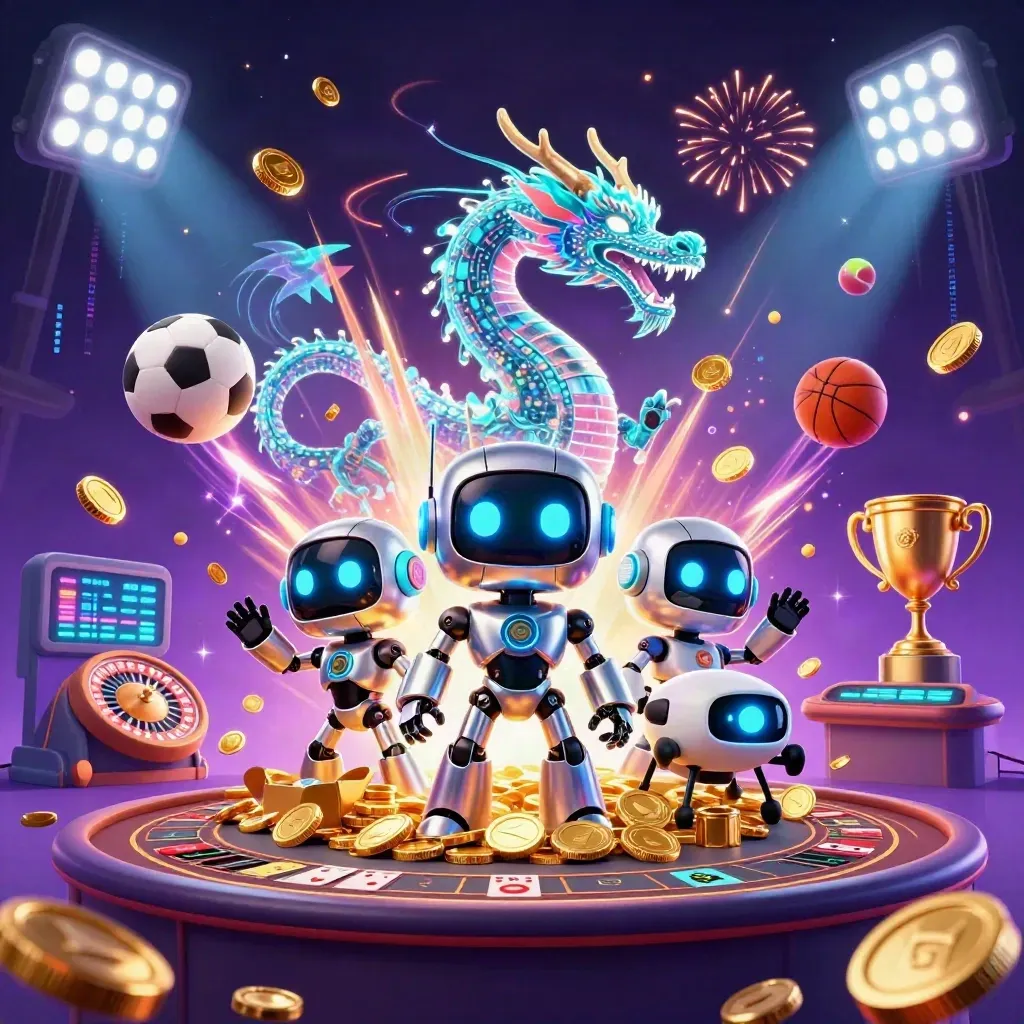 Chrome robot, holographic dragon and coin drone amid coins, sports balls, roulette and casino glow.