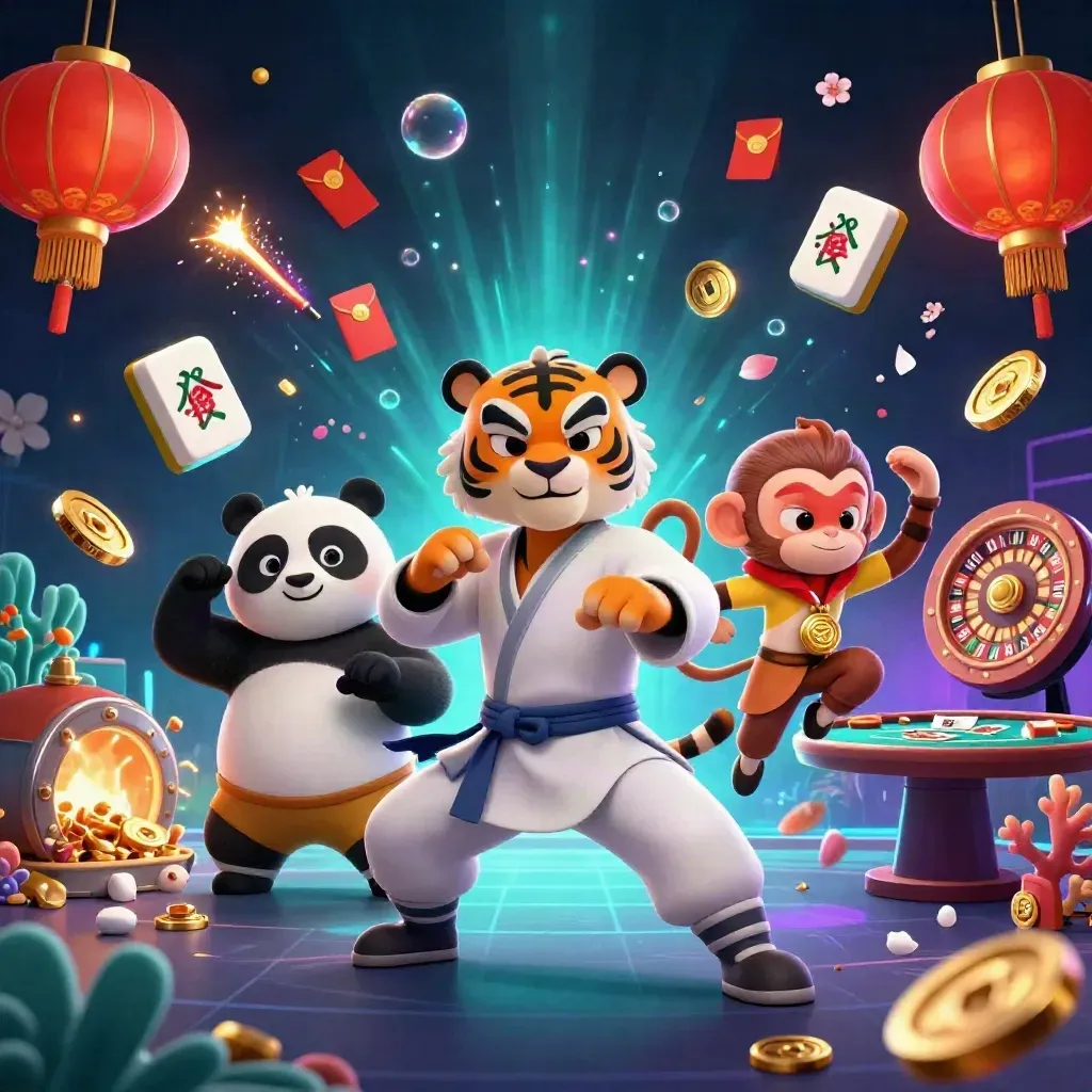 Kung-fu tiger, panda, and monkey amid casino treasure, coins, fireworks, and neon glow