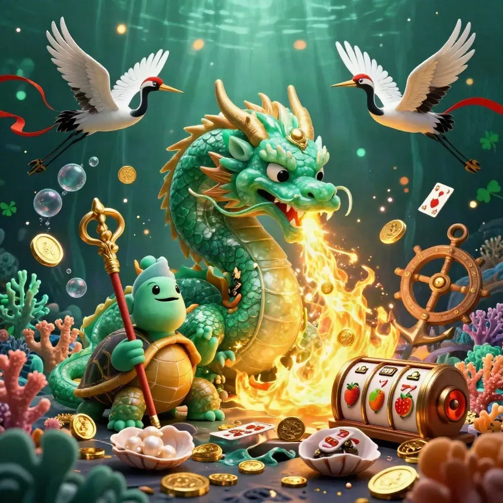 Dragon, turtle sage, and cranes amid casino treasure, coins, coral, and glowing reels.