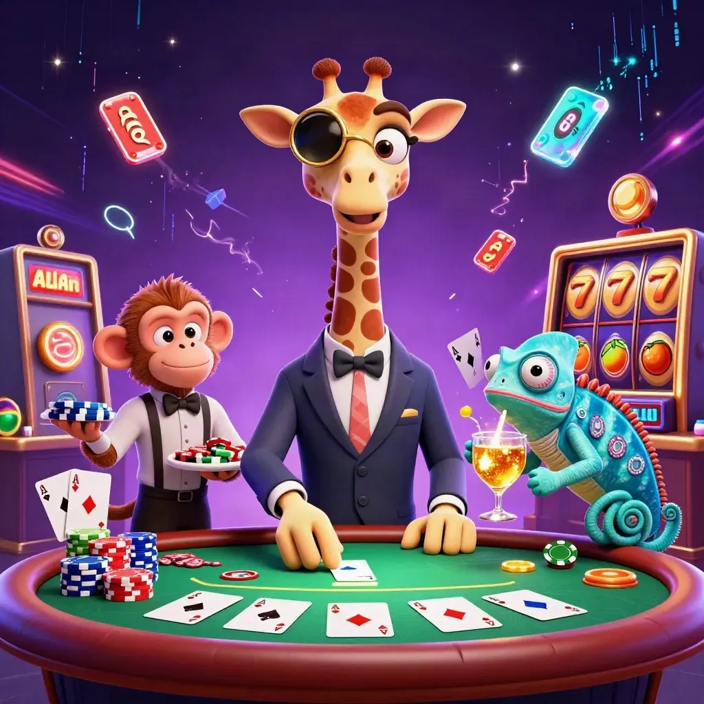 Giraffe, monkey, and chameleon at a neon poker table with chips and glowing casino effects.