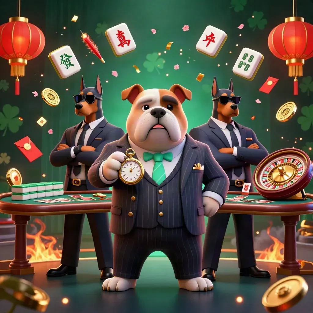 Bulldog boss and two Dobermans amid casino relics, lanterns, sparks, and neon gold glow.