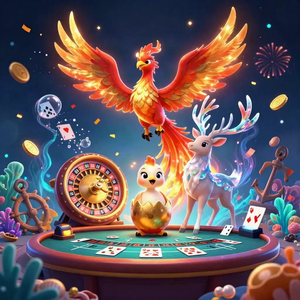 Phoenix, baby phoenix, stag, and glowing casino treasures in a tropical neon tile.