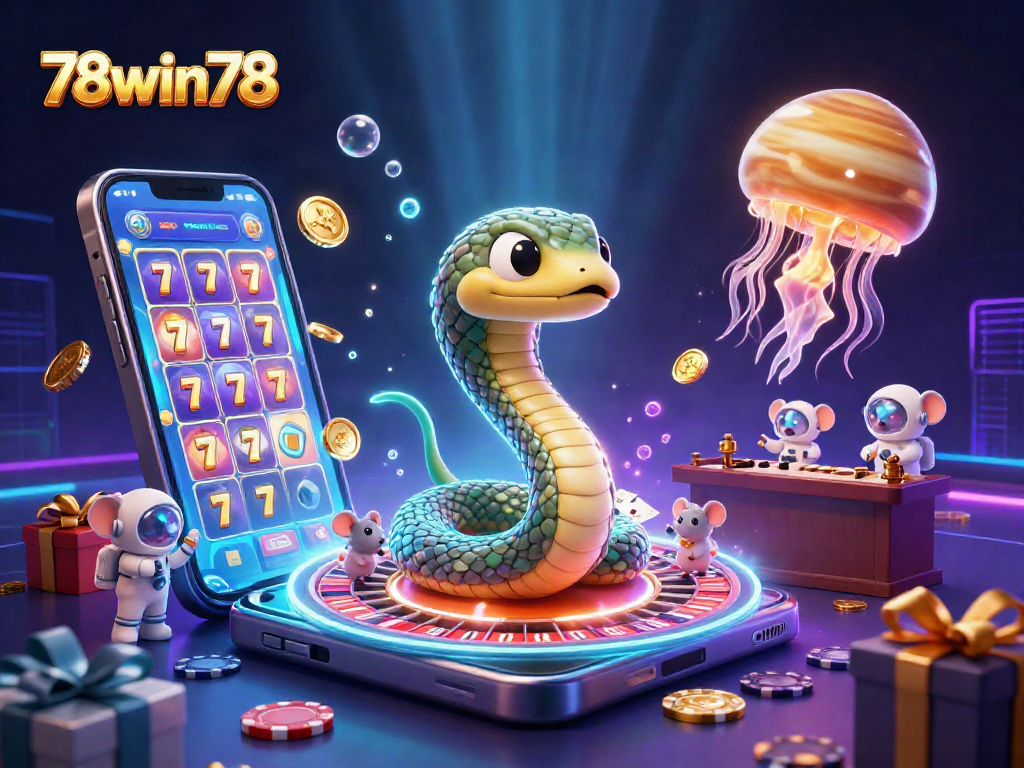 Engage with 78win78's cosmic roulette scene featuring a Saturn snake and astronaut mice betting.