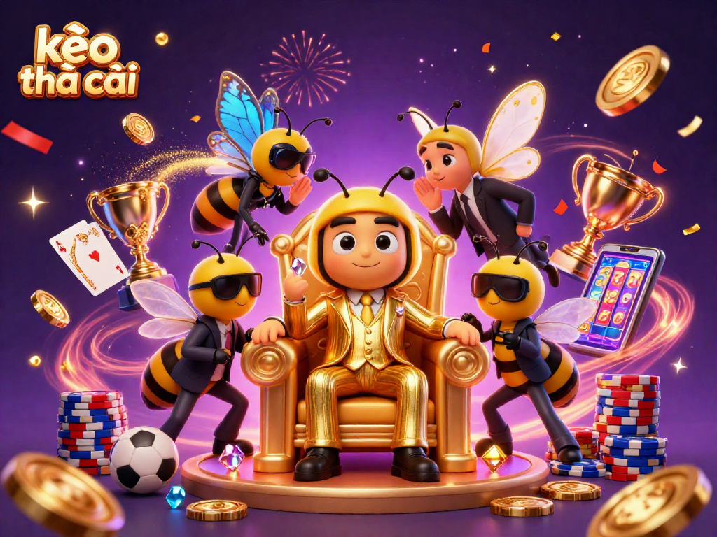 Engage in kèo nhà cái excitement with a colorful 3D scene of sports betting and casino elements.