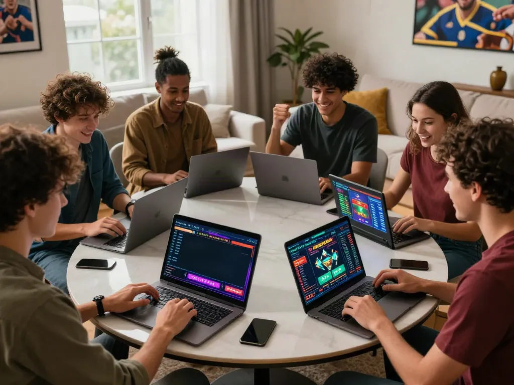 Friends enjoying online gaming together at 11bet.com, showcasing vibrant betting interfaces and a lively atmosphere.