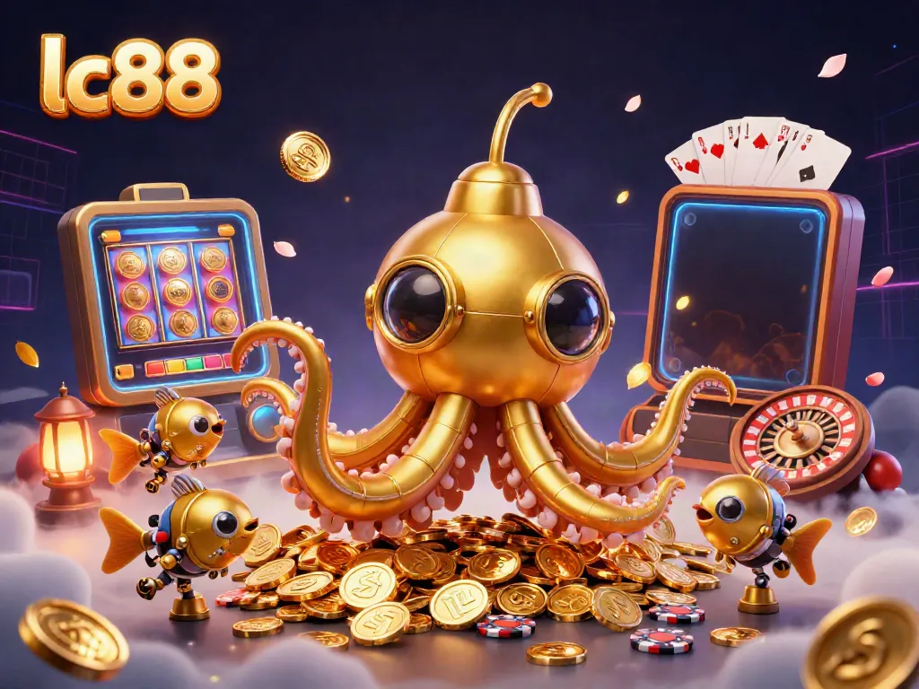 Engage in winning strategies at lc88 casino with an animated illustration of a golden kraken submarine amidst vibrant gambling elements.