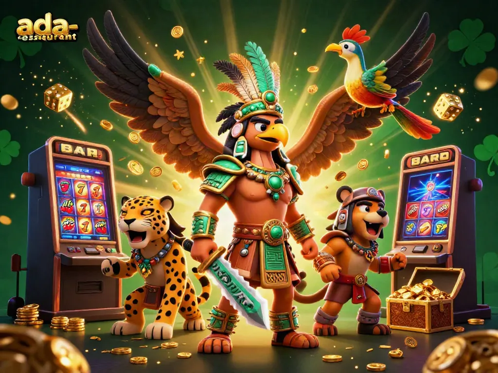 Experience the excitement at ada-restaurant with vivid casino game symbols and rich character illustrations.