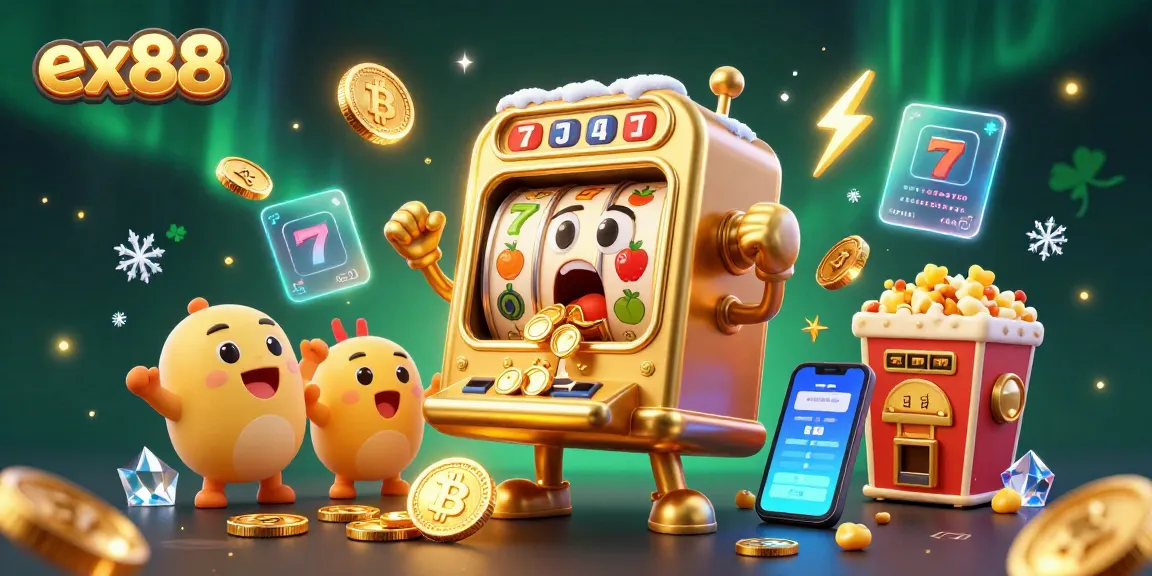 Experience the excitement of ex88 slots as a golden slot machine celebrates its jackpot amidst cheering baby slots and crypto elements.