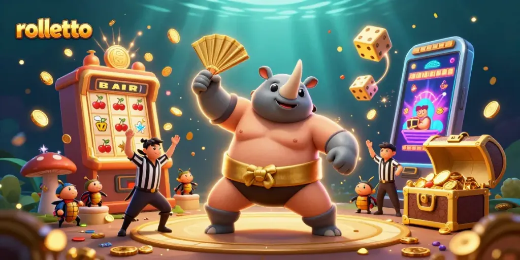 Experience rolletto's thrilling gaming atmosphere with dynamic beetles, slot machines, and golden coins.