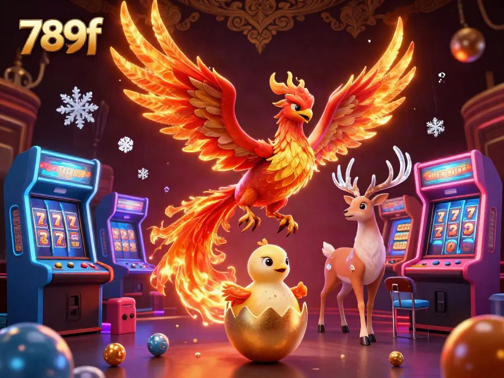 Win big with 789f's lively gaming scene featuring a fire phoenix and vibrant slot elements.
