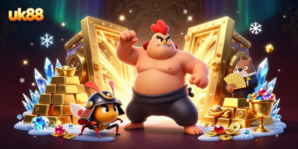 uk88 promotions come alive with a dynamic 3D scene featuring a powerful sumo wrestler and golden treasures.
