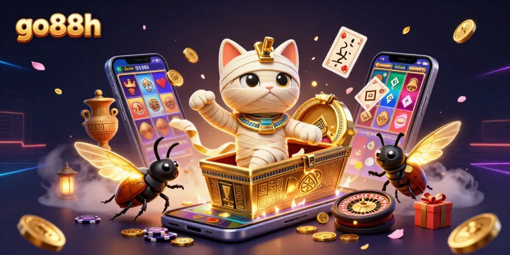 Experience thrilling wins at go88h featuring a lively mummy cat and scarab beetle in an adventurous casino scene.