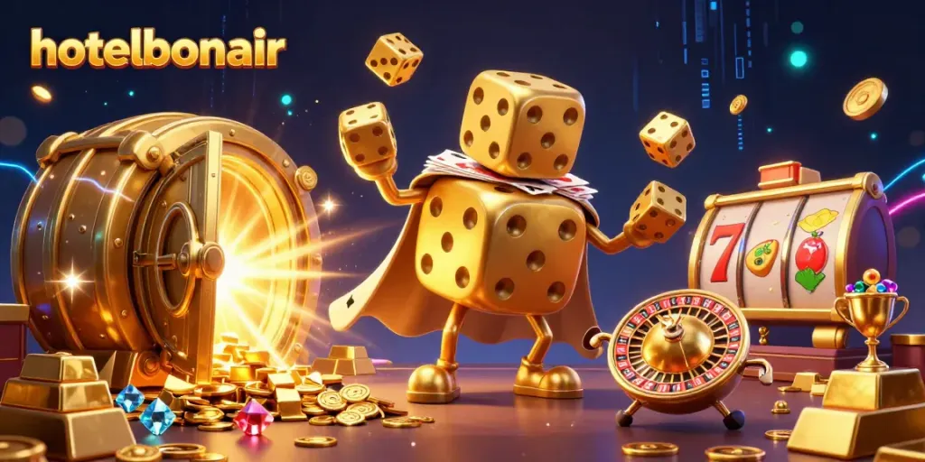 Engage in thrilling slots at hotelbonair with an exciting casino-themed illustration.
