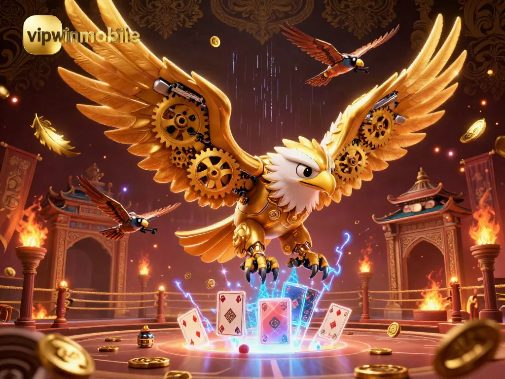 Experience the thrill of vipwinmobile with dynamic flying eagle characters amid holographic cards and casino elements.