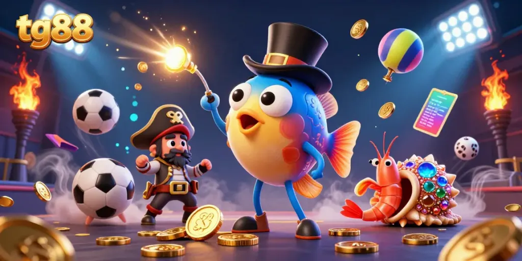 Experience thrilling wins with tg88's playful deep-sea characters amidst sports excitement and golden rewards.