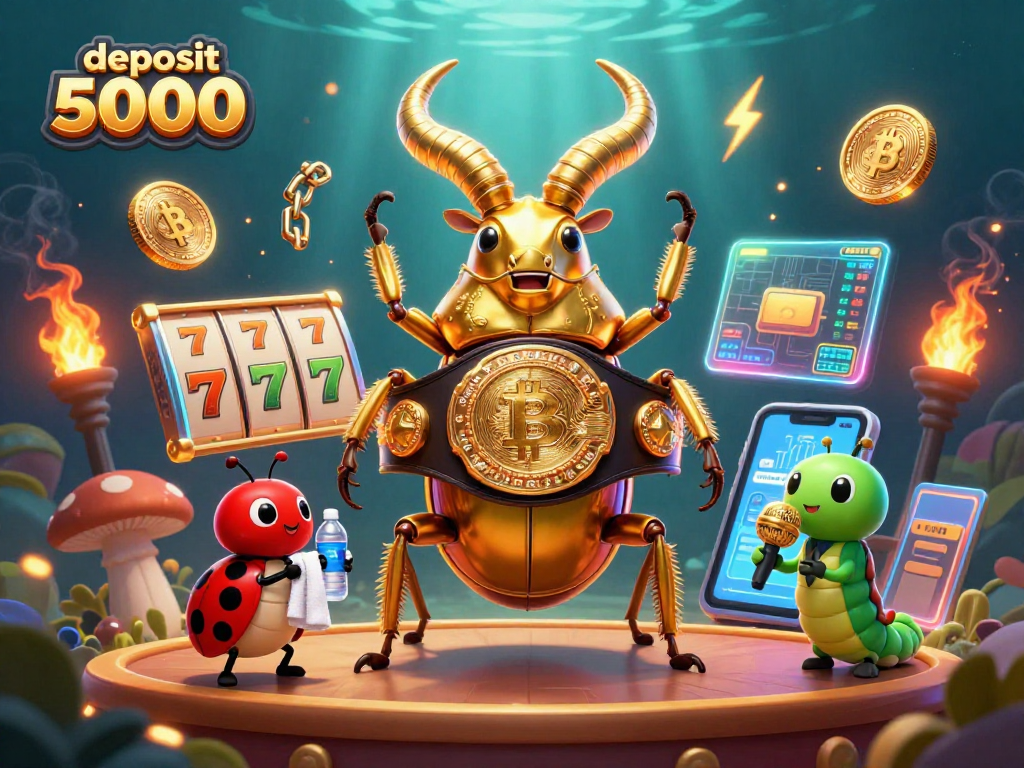 Spin winning slot reels with a giant golden stag beetle champion in a vibrant casino scene highlighting deposit 5000