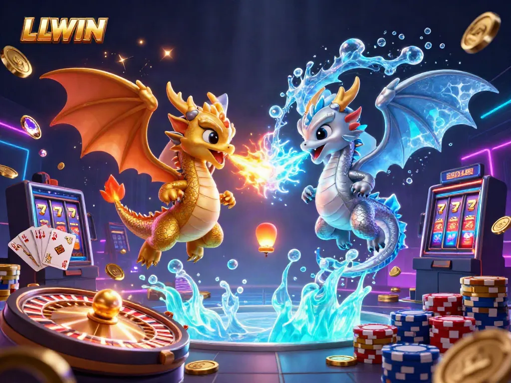 Experience the thrill of LLWIN with dragons, coins, and a vibrant casino atmosphere.
