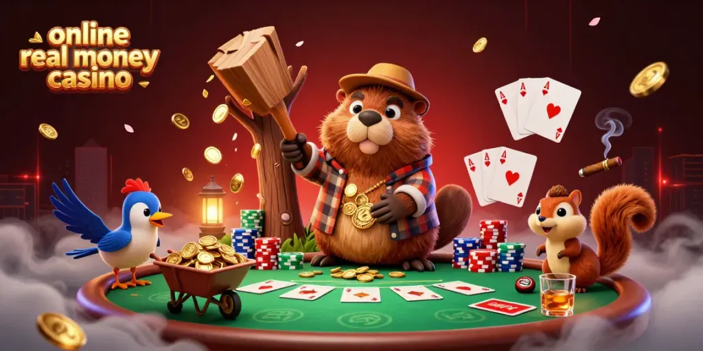Engage in an exciting online real money casino game with a beaver character and gold coins.