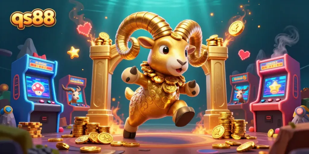 Engage with qs88 through a vibrant 3D casino scene featuring a golden ram and arcade elements.