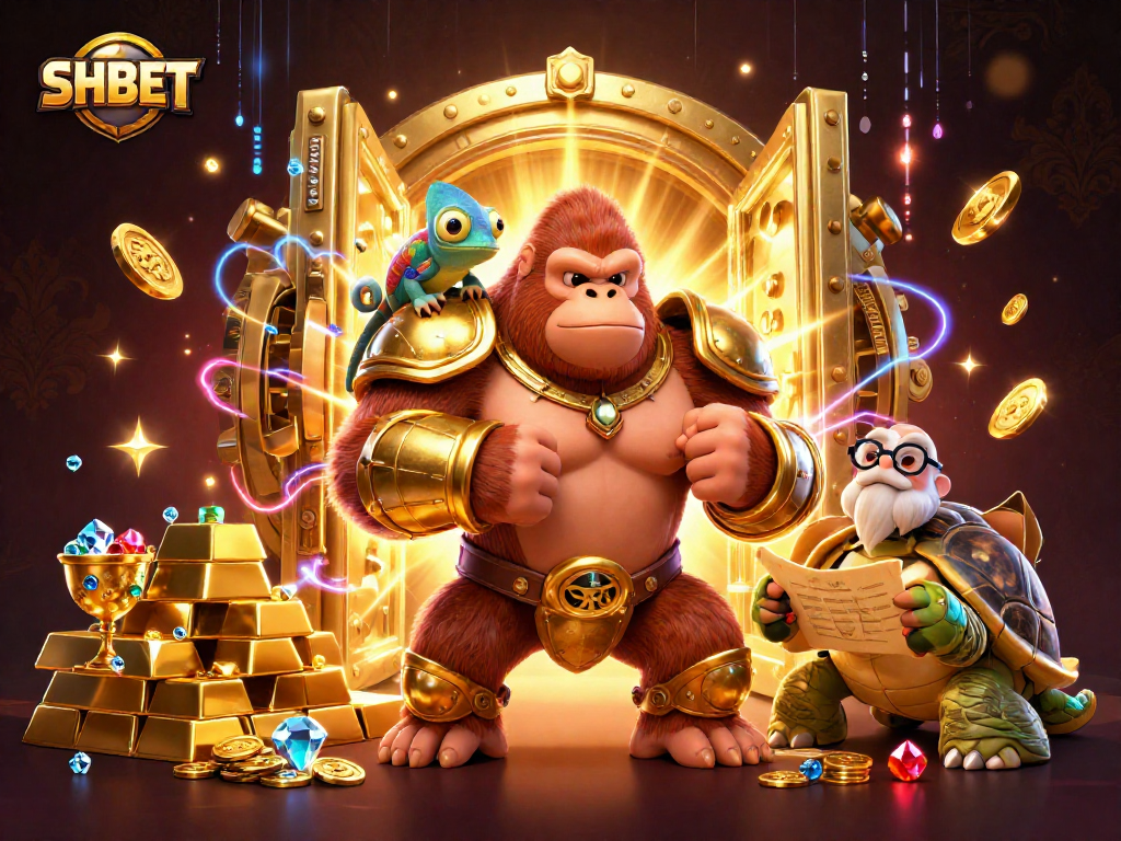 Experience the thrill of SHBET with a powerful gorilla king and treasures in this captivating 3D scene.