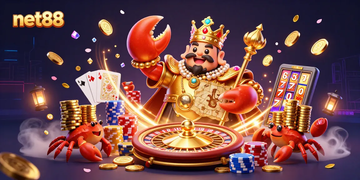 Spin to win with net88's golden crab emperor amidst dazzling gambling treasures.