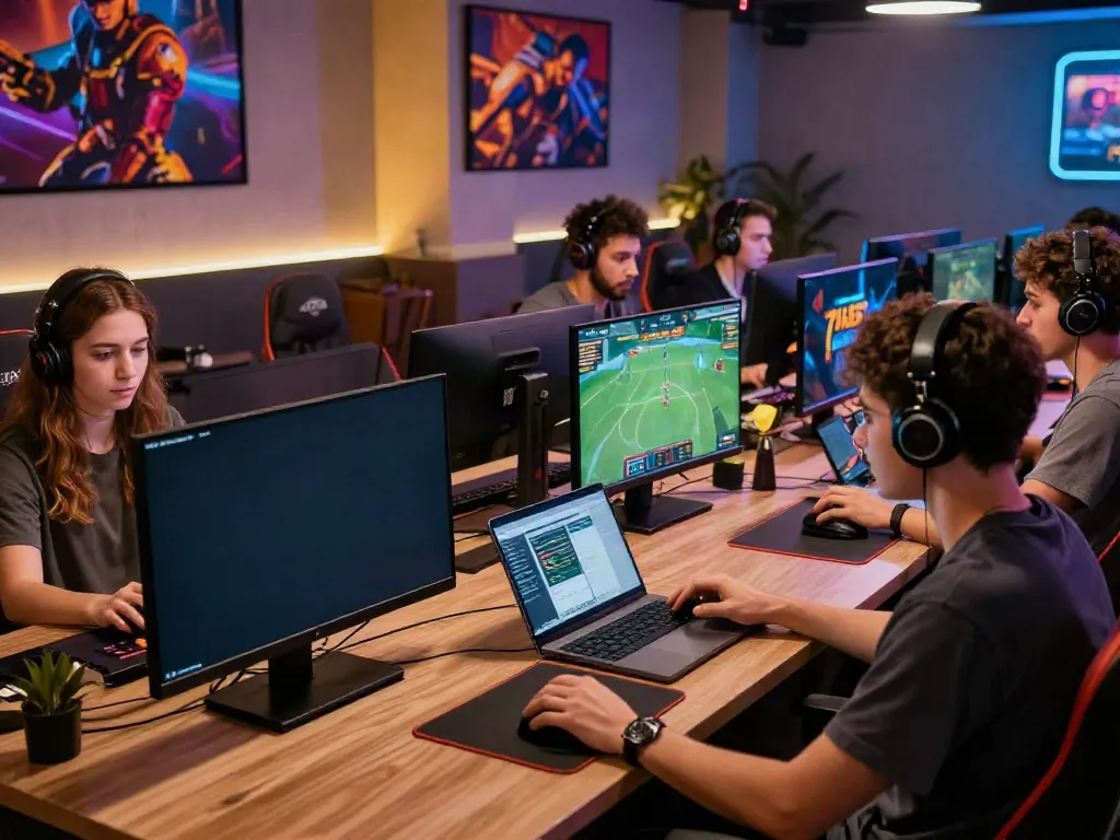 Gamers interactively engaging with the C168 online betting platform in a vibrant gaming lounge.