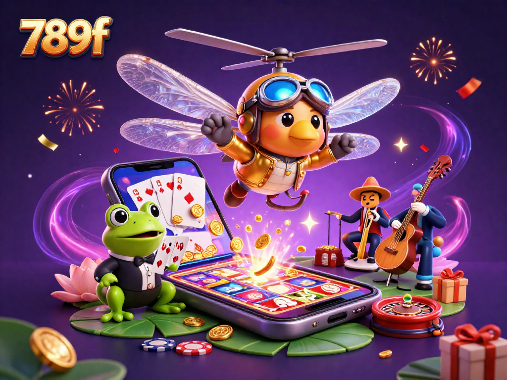 Experience thrilling gaming at 789f with captivating casino action featuring a dragonfly pilot and frog dealer.