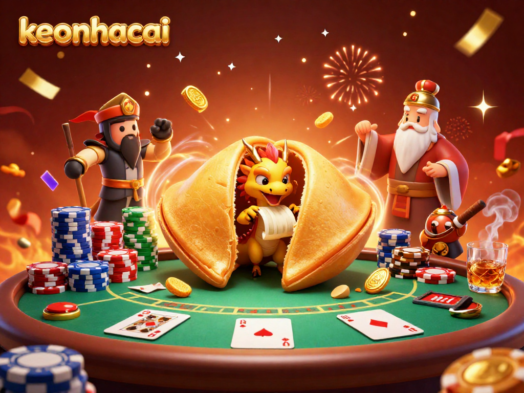 Engage with keonhacai at this vibrant casino scene featuring poker action and lucky charm elements.