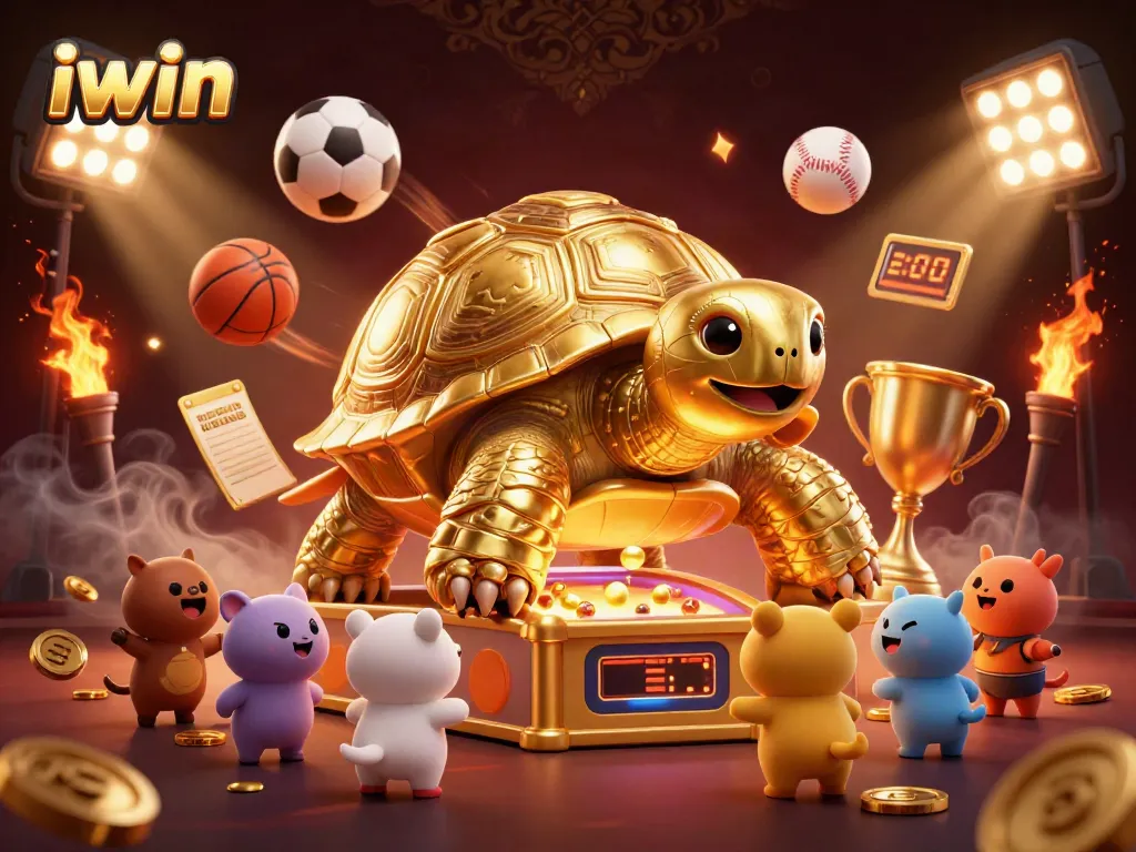 Engage with exciting games at iwin, featuring a golden tortoise pinball machine and vibrant sports elements.