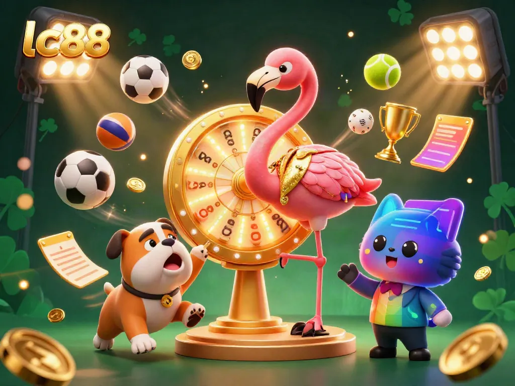 Launch exciting bets with lc88 at this vibrant, energetic 3D casino scene featuring a game show host and sports elements.