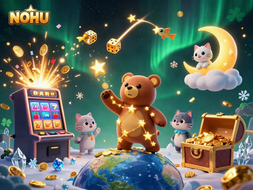 Experience exciting jackpots with NOHU as a golden constellation bear gathers coins amidst dazzling casino elements.