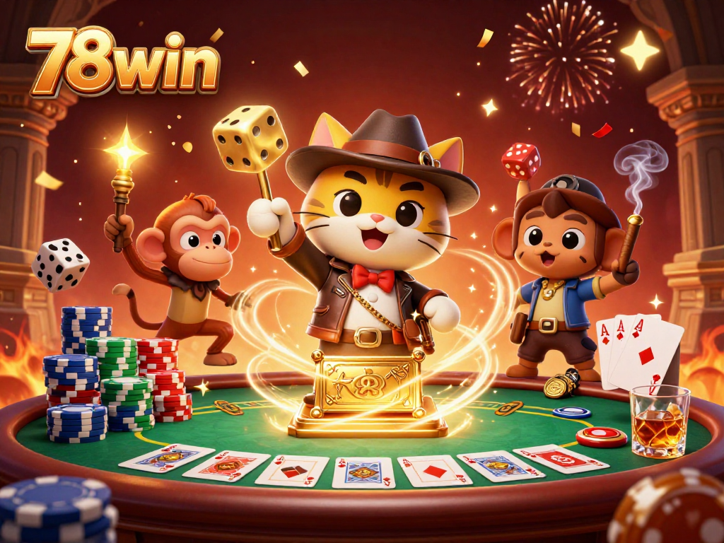 Engage in thrilling gameplay at 78win with a 3D illustration of a cat archaeologist uncovering golden casino treasures.