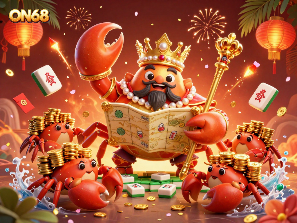 Experience thrilling gaming at ON68 with a vibrant scene of a golden crab emperor in a dynamic casino setting.