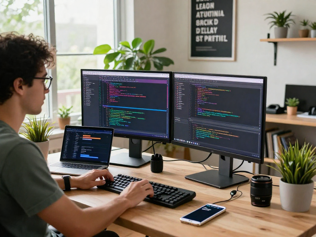 Software engineer coding in a modern home office, exploring innovative ideas with focus on ia +18.