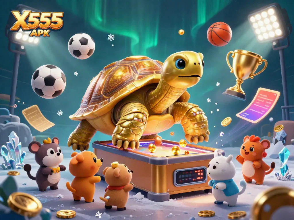 X555 APK showcasing an exciting online gaming atmosphere with dynamic sports elements and a golden tortoise pinball machine.