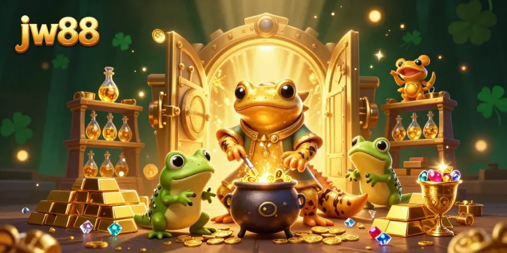 Discover exciting wins at jw88 with an alchemist crafting gold in a rich gaming scene.