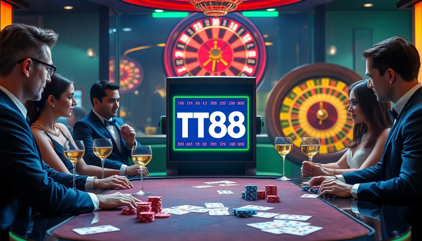 Players engaging with a thrilling TT88 slot machine in a luxurious casino setting.