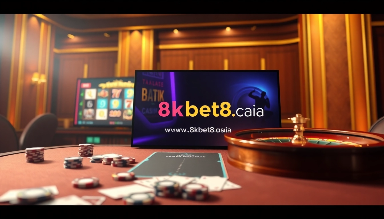 Experience the excitement of online gambling with https://8kbet8.asia/ showcasing vibrant slot games and poker chips.