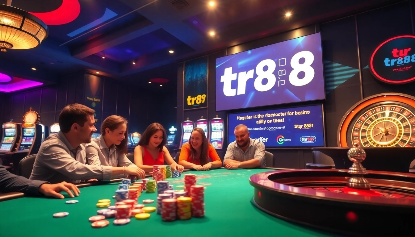 Players celebrate wins at a vibrant tr88 casino with colorful chips and active tables.