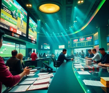 Cược thể thao action scene showcasing excited bettors at a modern sportsbook.