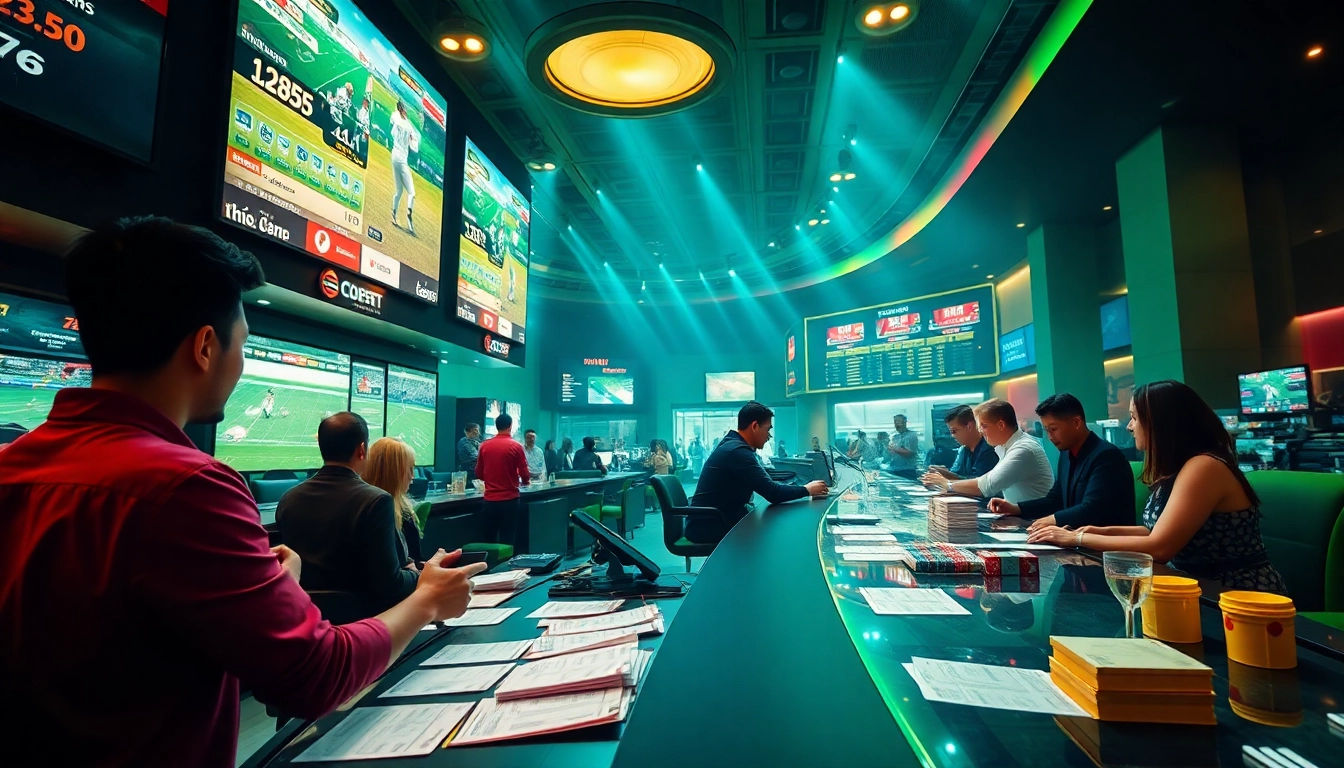 Cược thể thao action scene showcasing excited bettors at a modern sportsbook.