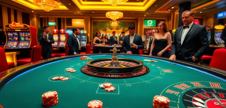 Experience thrilling action at the j88 casino table filled with vibrant chips and cards.