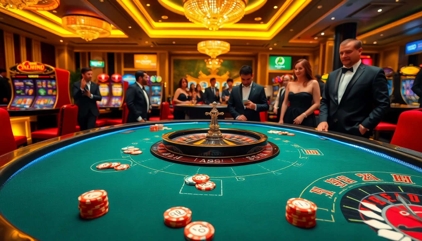 Experience thrilling action at the j88 casino table filled with vibrant chips and cards.