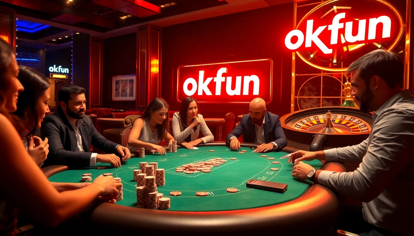 Players enjoying an intense moment at an okfun poker table, surrounded by vibrant casino lights.
