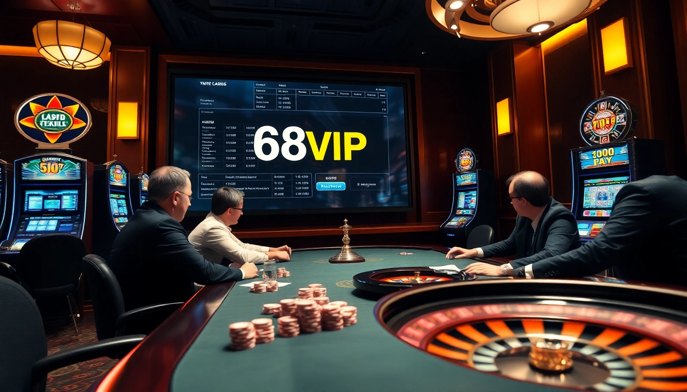 Excited gamblers enjoying 68VIP gaming with colorful slot machines and a roulette wheel in a vibrant casino.