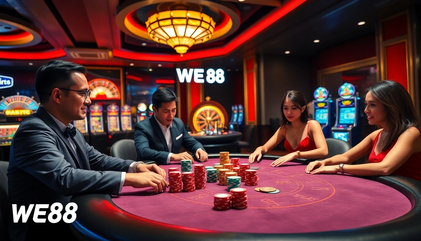 WE88 players engaging in an exciting poker game amidst luxurious casino decor.