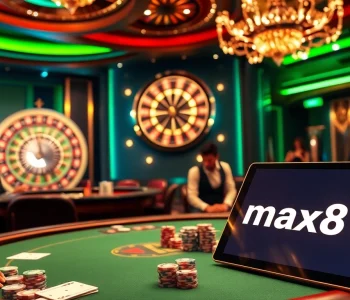 Exciting casino atmosphere with max88 poker table and vibrant roulette wheel.