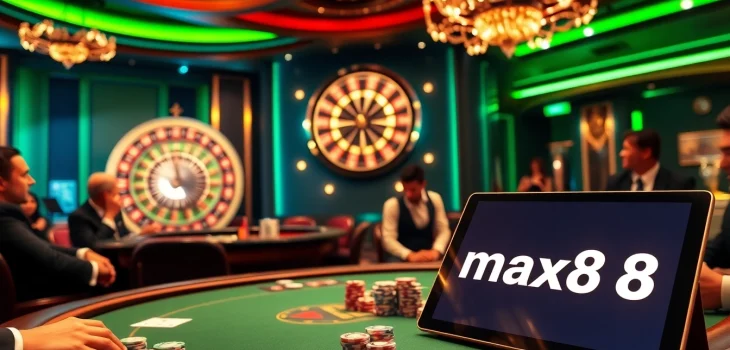 Exciting casino atmosphere with max88 poker table and vibrant roulette wheel.